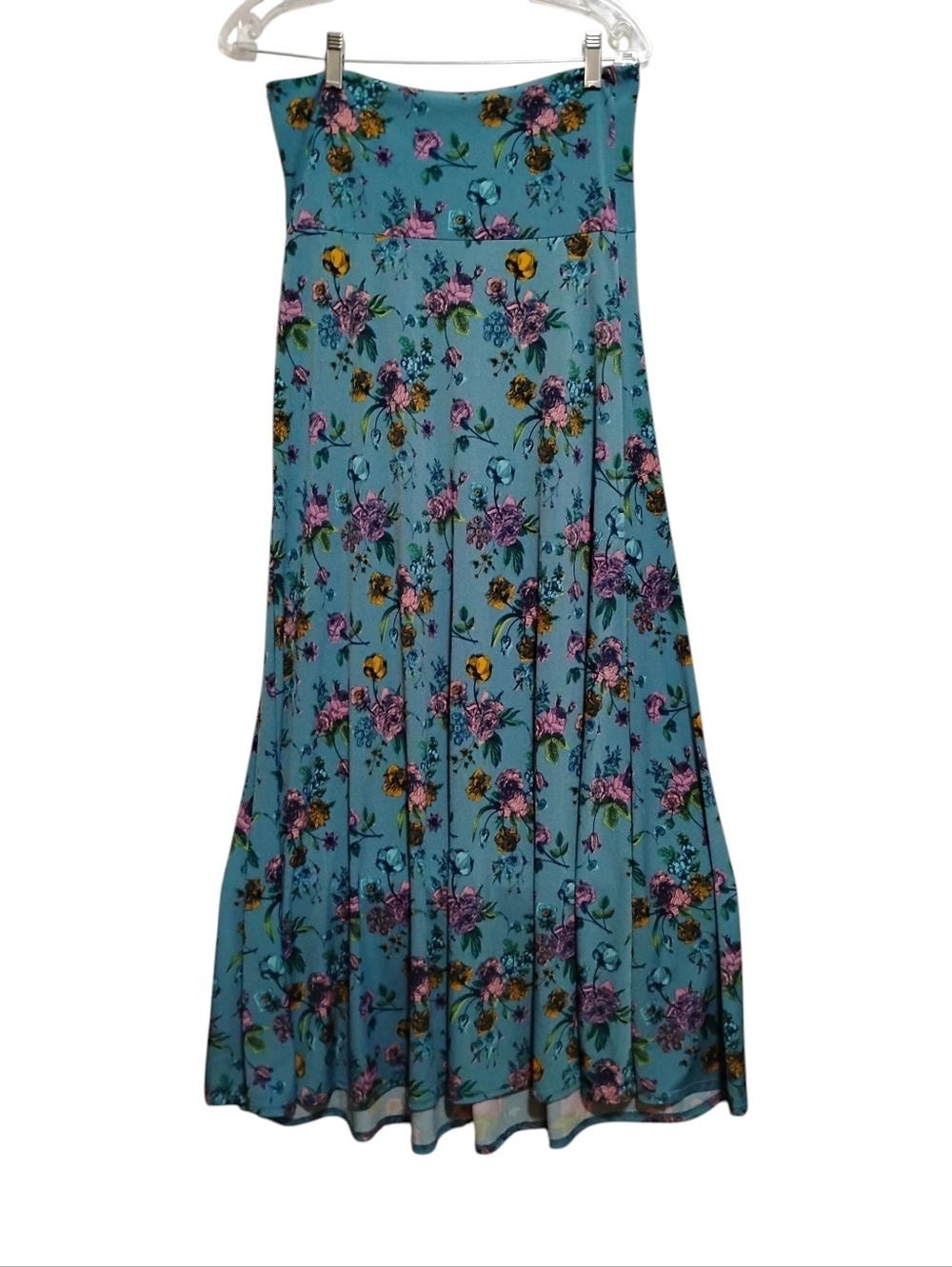 LULAROE Floral Prints  A-Line Maxi Skirt Teal Blue Wide Belt Length~37.5" Tall S